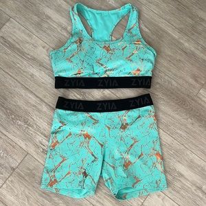 Zyia Turquoise & Rose Gold sports bra and shorts set